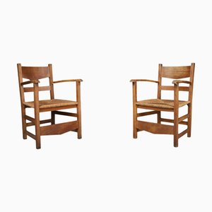 French Provincial Oak and Rush Armchairs, 1950s, Set of 2
