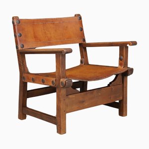 Spanischer Stuhl aus Holz & Cognacfarbenem Leder, 1960er