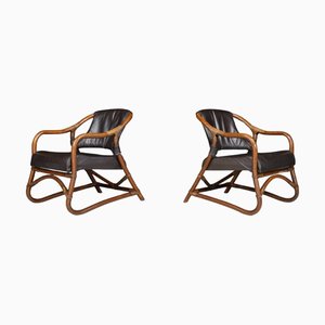 Horsnæs zugeschriebene Manilla Sessel aus Bambus & Leder, Dänemark, 1960er, 2er Set