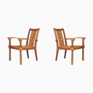 Fauteuils en Chêne et Jonc par Charles Dudouyt, France, 1940s, Set de 2