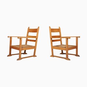 French Provincial Oak and Rush Armchairs, France, 1940s, Set of 2