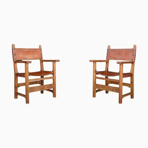 Mid-Century Armchairs in Patinated Cognac Saddle Leather, France, 1950s, Set of 2