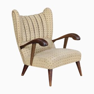Sculpted Upholstered Walnut Lounge Chair, Prague, 1930s
