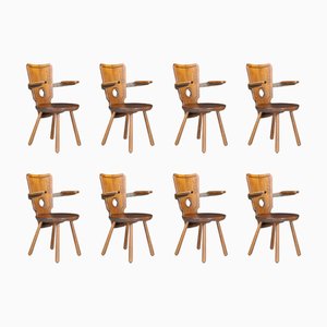 French Modernist Dining Chairs in Stained Oak and Brass, 1960s, Set of 8