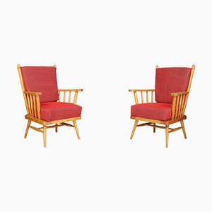 Scandinavian Mid-Century Modern Lounge Chairs in Beech and Red Upholstery, 1950s, Set of 2