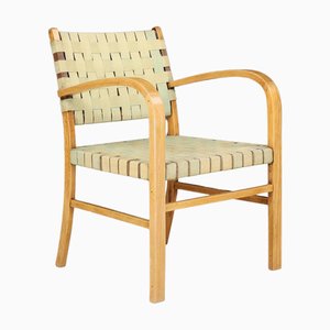 Mid-Century Modern Armchair in Beech and Patinated Canvas Webbing, France, 1950s