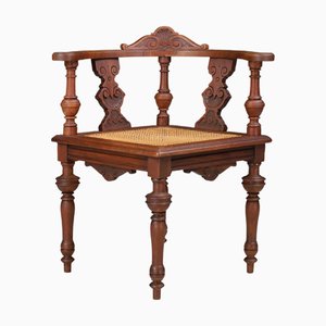 Antique German Corner Chair in Hand-Carved Walnut with Cane Seat, 1880