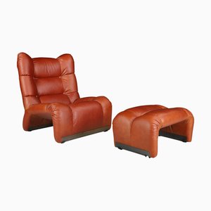Set of Vintage Italian Cognac Leather Lounge Chair with Ottoman, 1970s