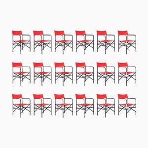 Directors Folding Chair in Lacquered Steel Frame, Brass, Red Canvas Seat, 1980s