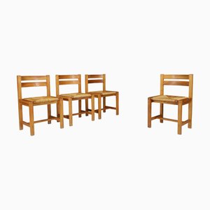 Mid-Century Modern Elm and Rush Dining Chairs attributed to Maison Regain, France, 1960s, Set of 4