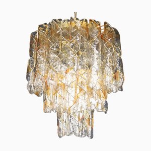 Large Murano Glass Chandelier in Amber and Clear Spiral Drops, Italy, 1960s