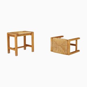 Mid-Century Modern Elm and Rush Stools attributed to Maison Regain, France, 1960, Set of 2