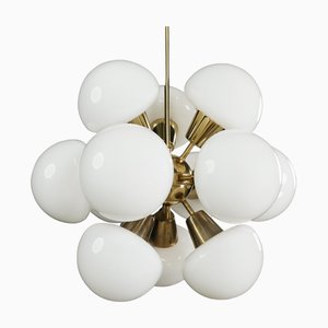 Mid-Century Modern Sputnik Chandelier in Brass and Opaline Glass, Cz, 1970s