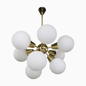 Mid-Century Modern Sputnik Chandelier in Brass and Opaline Glass, Cz, 1970s