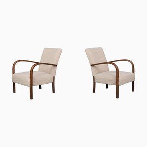 Art Deco Armchairs in Walnut and Teddy Upholstery, Czech Republic, 1930s, Set of 2