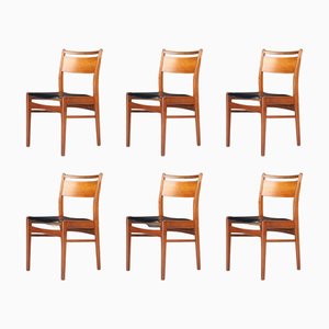Sedie da pranzo moderne in teak e pelle, Danimarca, anni '60, set di 6