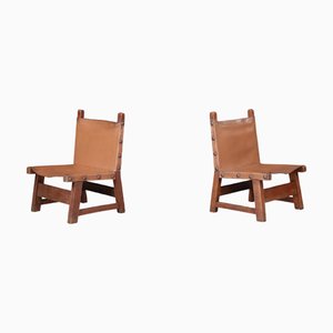 Brutalist Patinated Leather and Wood Easy Chairs, Spain, 1950s, Set of 2