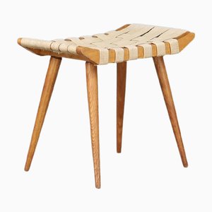 Mid-Century French Ash Stool with Original Canvas Webbing, 1950s