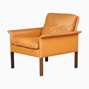 Poltrona moderna in pelle color cognac attribuita a Hans Olsen per Cs Møbler, Scandinavia, 1960