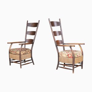 Provincial French Highback Armchairs in Oak Rope & Floral Upholstery, France, 1930, Set of 2