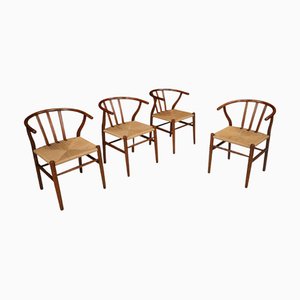 Wishbone Wicker and Oak Armchairs in the style of Hans J. Wegner, Denmark, 1960s, Set of 4