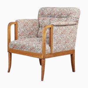 Butaca francesa Art Déco de roble con tapicería floral original, años 30