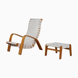 Set of Armchair with Ottoman in Bentwood and Canvas Webbing, Czech Republic, 1930s