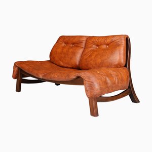 Italian Two-Seat Sofa in Walnut and Cognac Leather, 1960s