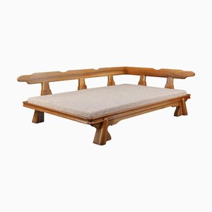 French Brutalist Walnut Daybed with Bouclé Upholstery, 1950s
