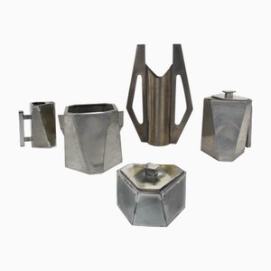 Objets de Table et Vase Cubista Art Déco en Étain, 1920, Set de 5