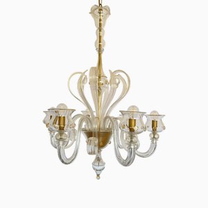 Crystal and Gold Murano Glass 6-Light Chandelier, 1992