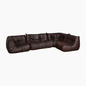 Sofá de dos plazas Togo de cuero coñac de Ligne Roset para Michel Ducaroy, años 80. Juego de 4