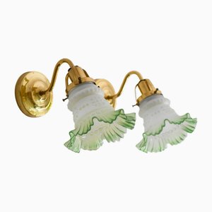 Vintage Scandinavian Glass and Brass Wall Lights, Set of 2