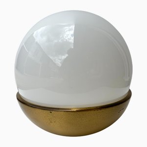 Lampe Ball en Verre de Murano Opalin Blanc et Laiton, Italie, 1970s