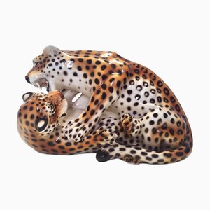 Jaguars de Combat Vintage en Céramique Peints à la Main attribués à Giovanni Ronzan, Italie, 1950