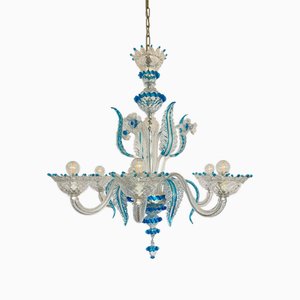 Lampadario di Murano in vetro soffiato e cristallo turchese, 1985