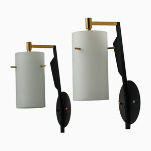 Appliques Mid-Century Moderne en Laiton et Noir avec Abat-jours en Verre Opalin, 1950s, Set de 2