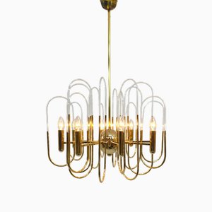 Sciolari Chandelier Glass with Brass Frame by Gaetano Sciolari for Sciolari, 1970s