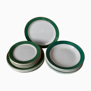 Assiettes à Dessert, Soupe et Assiettes en Faïence Vertes et Dorées de HBCM Creil et Montereau, Set de 21