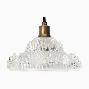 Lampada a sospensione Art Déco in ottone e vetro inciso, Francia, anni '20