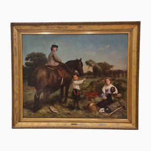Charles James, Landschaft mit Dame zu Pferd und Kindern, 1870, Öl auf Leinwand