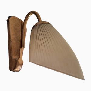 Mid-Century German Wall Lamp with Brass Frame and Original Cream-White Patterned Glass Shade, 1950s