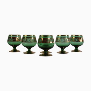 Vintage Bohemian Green and Gold Gilded Glasses, 1950s, Set of 6