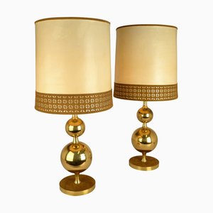 Lampes de Bureau avec Abat-jour en Cuir Parchemin sur Socles en Laiton, 1970s, Set de 2