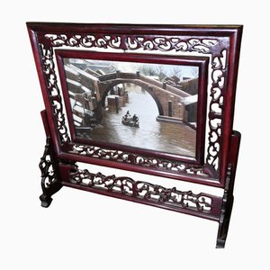 Chinese Silk Table Screen with Intricately Carved Stand