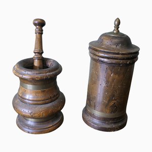 Asiatischer Stößel und Mörser sowie Apothekerglas, 2er Set