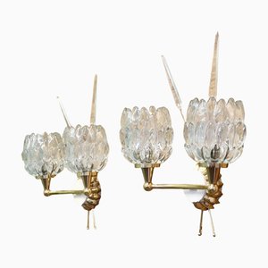 Appliques Murales Art Déco en Cristal Lourd et Laiton, France, 1930, Set de 2