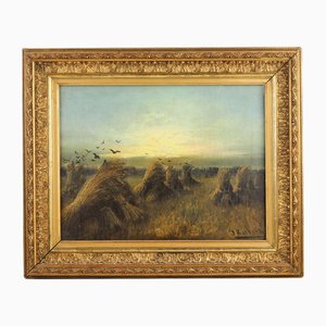 J. Klever, Landschaft mit Heuschrecken bei Sonnenuntergang, Ende 1800, Leinwandgemälde, gerahmt