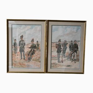 Louis Geens, Military Scene, Watercolors, Set of 2