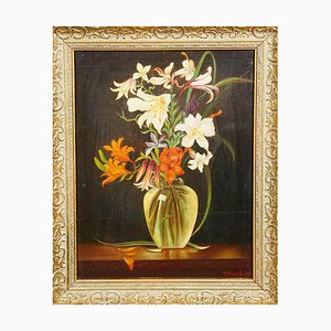 Artista alemán, Bodegón con flores, pintura al óleo sobre madera, años 50, enmarcado